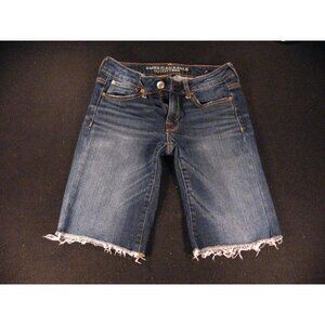 American Eagle SKINNY BERMUDA JEAN SHORTS Womans 2 Long Low Rise Blue Cut Off